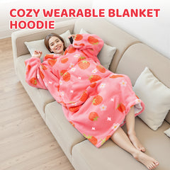 Mewaii® Strawberry Wearable Blanket Hoodie Ultra Soft Cozy Flannel Hoodie Blanket with Pockets