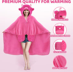 Ultimate Softness Highland Cow Wearable Blanket Hoodie –Expertly Designed for American Body,Full Coverage with Easy Movement, Oversized Cozy Flannel Blanket, Hot Pink Highland Cow Gift for Women