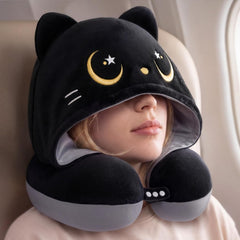 MeWaii® Black Cat Hooded Memory Foam Travel Pillow Cooling Double-Sided Neck Support for Flights & Everyday Comfort