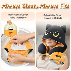 MeWaii® Orange Cat Hooded Memory Foam Travel Pillow Cooling Double-Sided Neck Support for Flights & Everyday Comfort