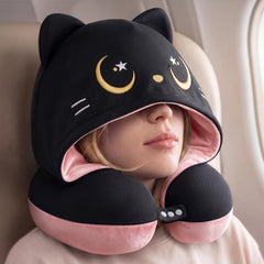 MeWaii® Pink Cat Hooded Memory Foam Travel Pillow Cooling Double-Sided Neck Support for Flights & Everyday Comfort