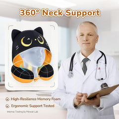 MeWaii® Orange Cat Hooded Memory Foam Travel Pillow Cooling Double-Sided Neck Support for Flights & Everyday Comfort