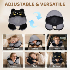 MeWaii® Black Cat Hooded Memory Foam Travel Pillow Cooling Double-Sided Neck Support for Flights & Everyday Comfort