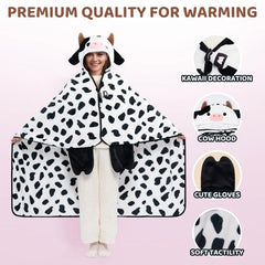 MeWaii® Brindle Cow Wearable Blanket Hoodie Oversized Flannel Sweatshirt Blanket Warm & Cozy Hooded Blanket Gifts