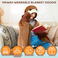 MeWaii® Ultimate Softness Otter Wearable Blanket Hoodie – Full Coverage with Easy Movement,Oversized Warm and Cozy Flannel, Gift for Adult