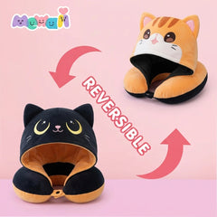 MeWaii® Orange Cat Hooded Memory Foam Travel Pillow Cooling Double-Sided Neck Support for Flights & Everyday Comfort