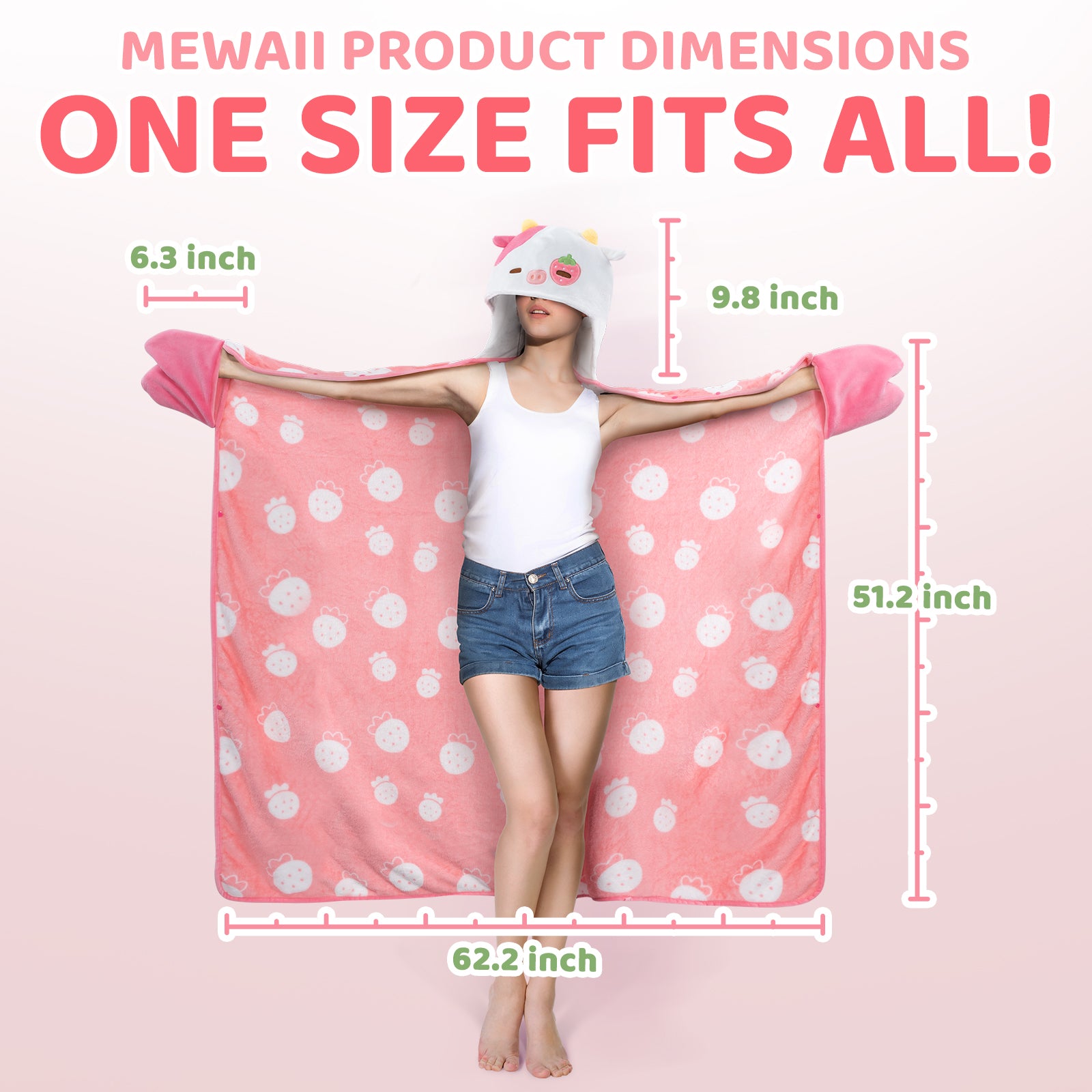 MeWaii Strawberry Cow Wearable Blanket Hoodie Ultra Soft Oversized Cozy Blanket for Warm Hugs & Relaxing Moments