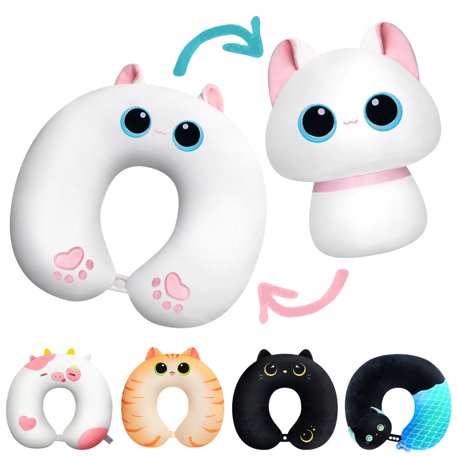 MeWaii® Flip Pillow White Cat Reversible Throw Pillow Neck Pillow Kawaii Plush Pillow Squish Toy
