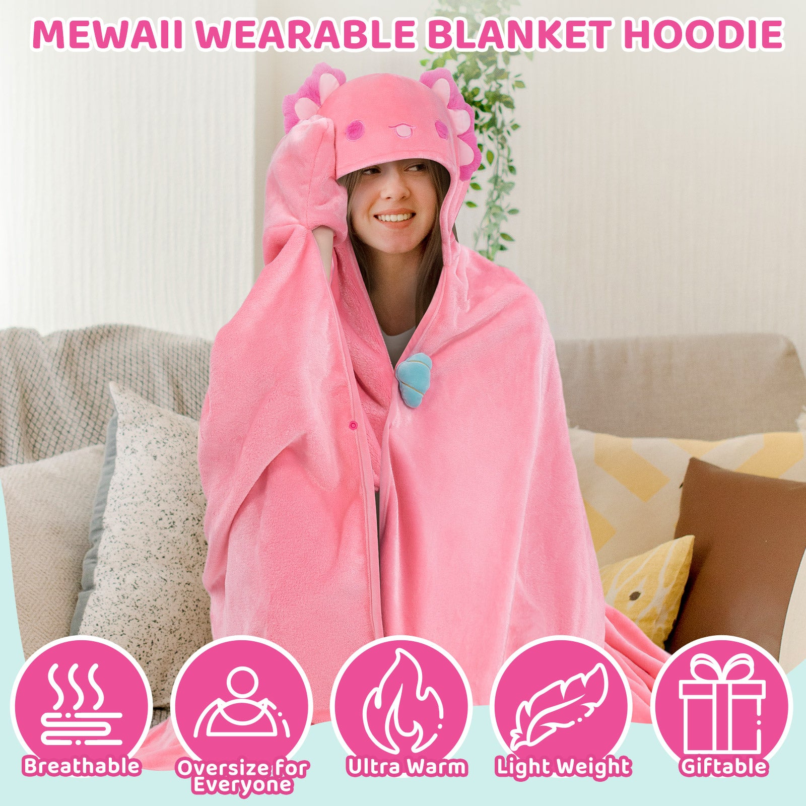 MeWaii Pink Axolotl Wearable Blanket Hoodie Ultra Soft Oversized Cozy Blanket for Cozy Cuddles & Relaxing Moments