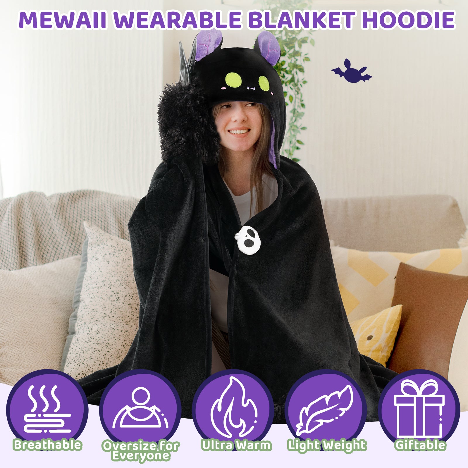 MeWaii Dark Bat Wearable Blanket Hoodie Ultra Soft Oversized Cozy Blanket for Cozy Cuddles & Relaxing Moments