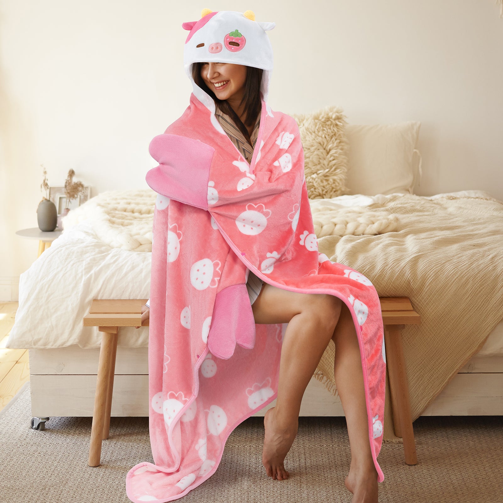 MeWaii Strawberry Cow Wearable Blanket Hoodie Ultra Soft Oversized Cozy Blanket for Warm Hugs & Relaxing Moments