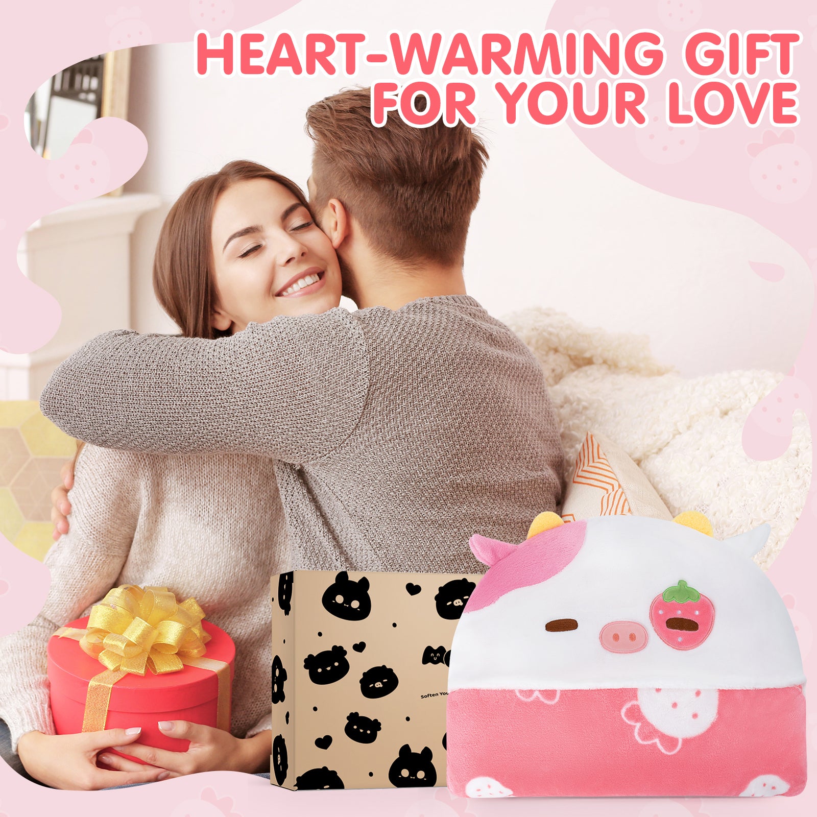 MeWaii Strawberry Cow Wearable Blanket Hoodie Ultra Soft Oversized Cozy Blanket for Warm Hugs & Relaxing Moments