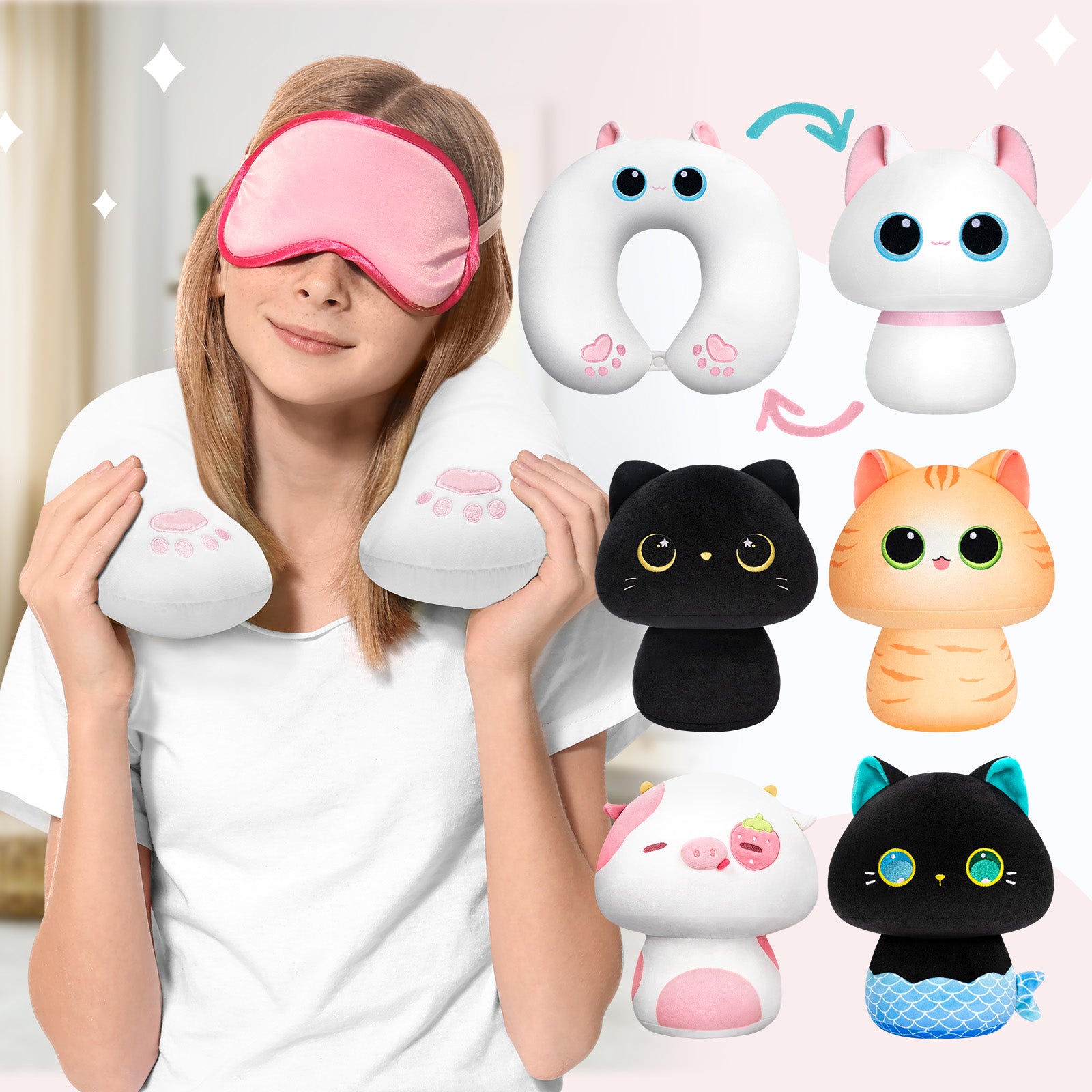 MeWaii® Flip Pillow White Cat Reversible Throw Pillow Neck Pillow Kawaii Plush Pillow Squish Toy