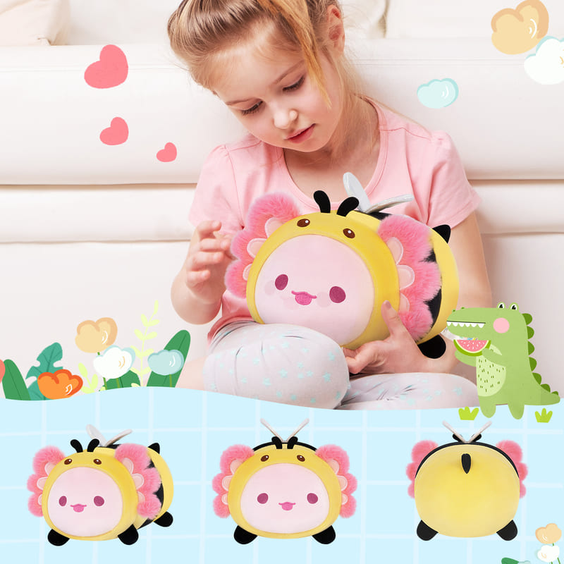 MeWaii® Fluffffy Family Pink Axolotl with Bee Hoodie Stuffed Animal Kawaii Plush Pillow Squishy Toy