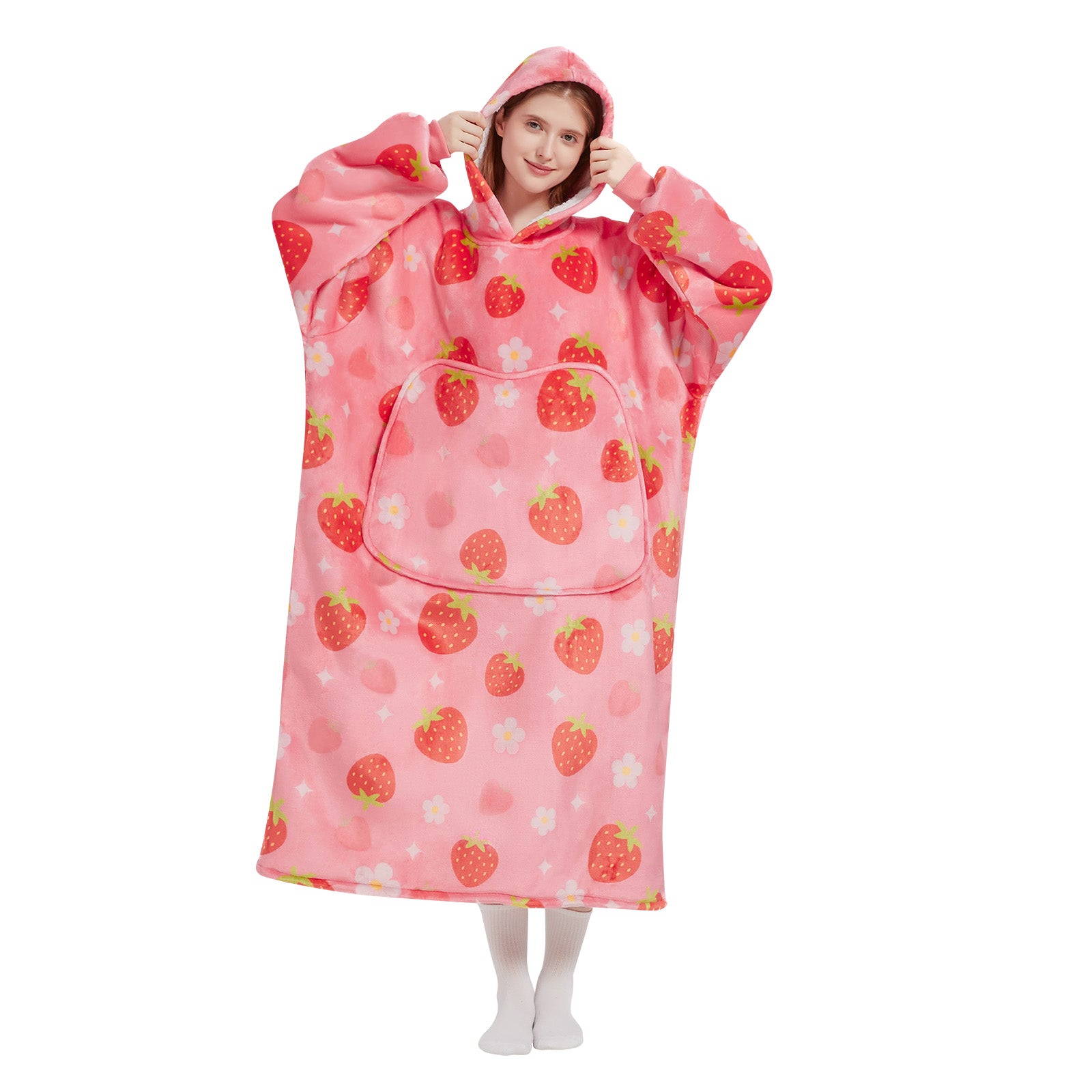 Mewaii® Strawberry Wearable Blanket Hoodie Ultra Soft Cozy Flannel Hoodie Blanket with Pockets