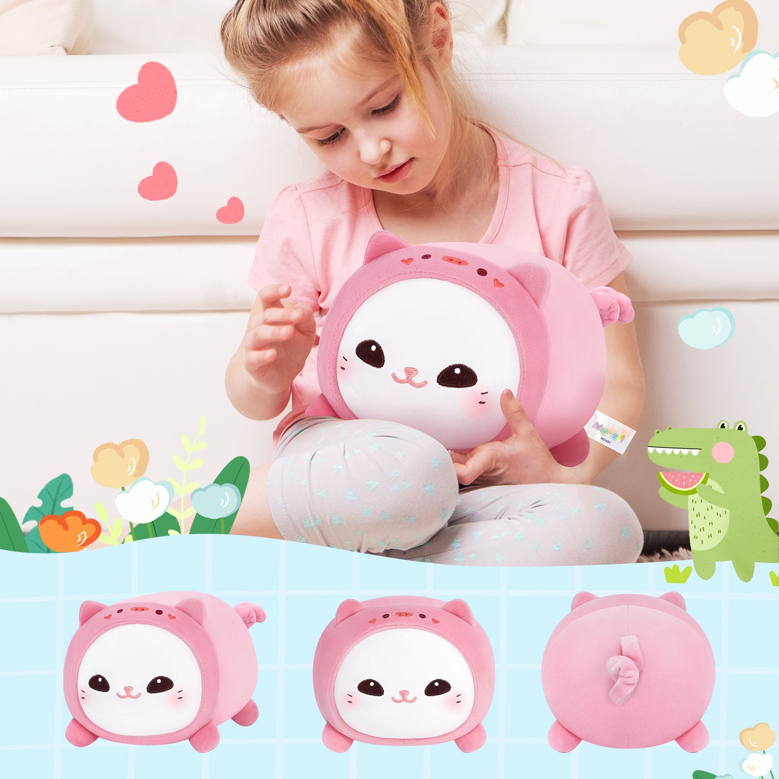 MeWaii® Fluffffy Family Pink Piggy Hood Cat Plush Stuffed Animal Kawaii Plush Pillow Squishy Toy