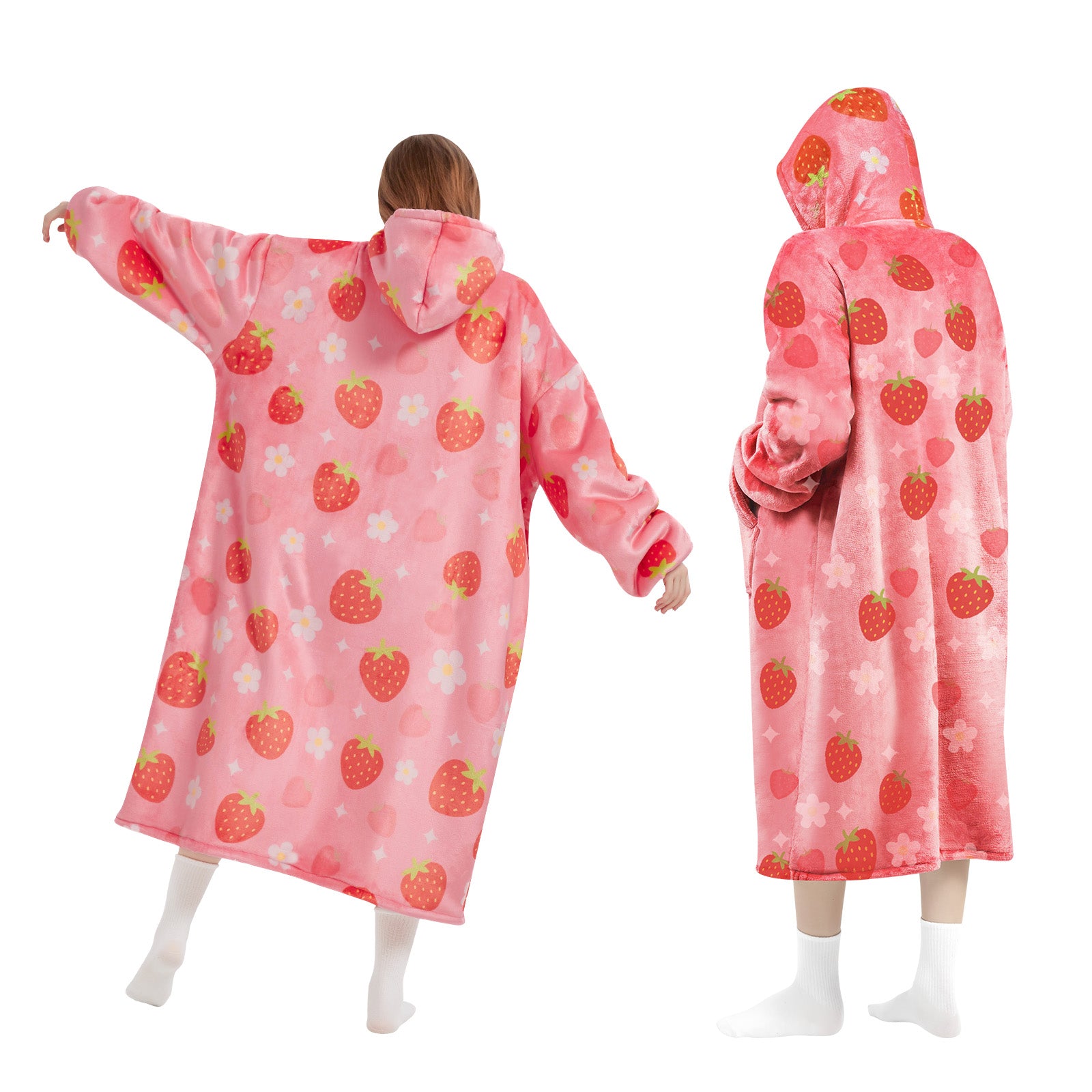 Mewaii® Strawberry Wearable Blanket Hoodie Ultra Soft Cozy Flannel Hoodie Blanket with Pockets
