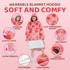 Mewaii® Strawberry Wearable Blanket Hoodie Ultra Soft Cozy Flannel Hoodie Blanket with Pockets