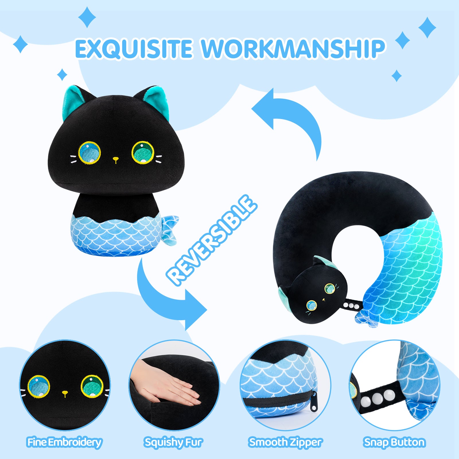 MeWaii® Mermaid Cat Flip Pillow Reversible Throw Pillow Neck Pillow Kawaii Plush Pillow Squish Toy