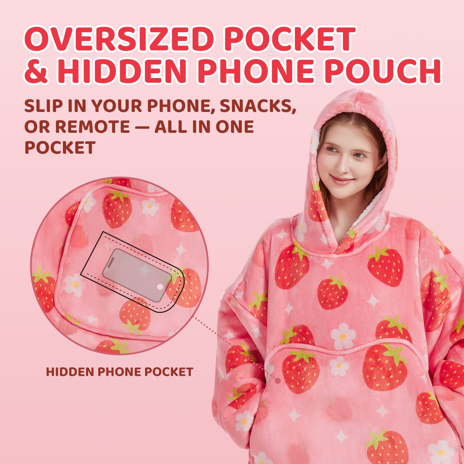 Mewaii® Strawberry Wearable Blanket Hoodie Ultra Soft Cozy Flannel Hoodie Blanket with Pockets