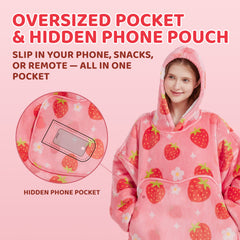 Mewaii® Strawberry Wearable Blanket Hoodie Ultra Soft Cozy Flannel Hoodie Blanket with Pockets