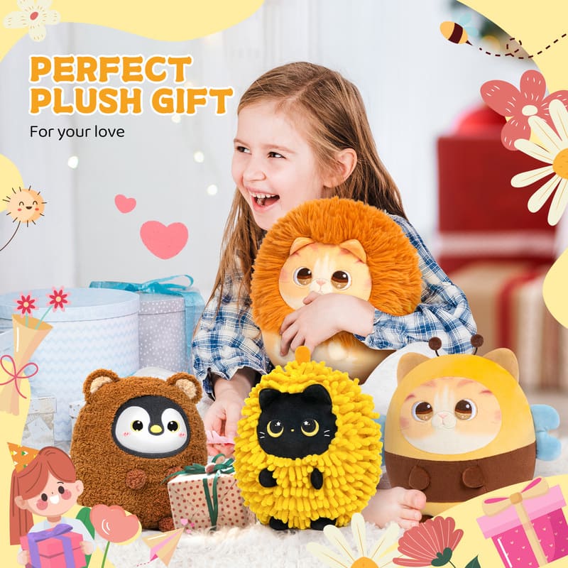 MeWaii® Stuffed Animal Kawaii Moon Eyed Cat with Bee Hoodie Plush Pillow Squishy Toy With Hoodie