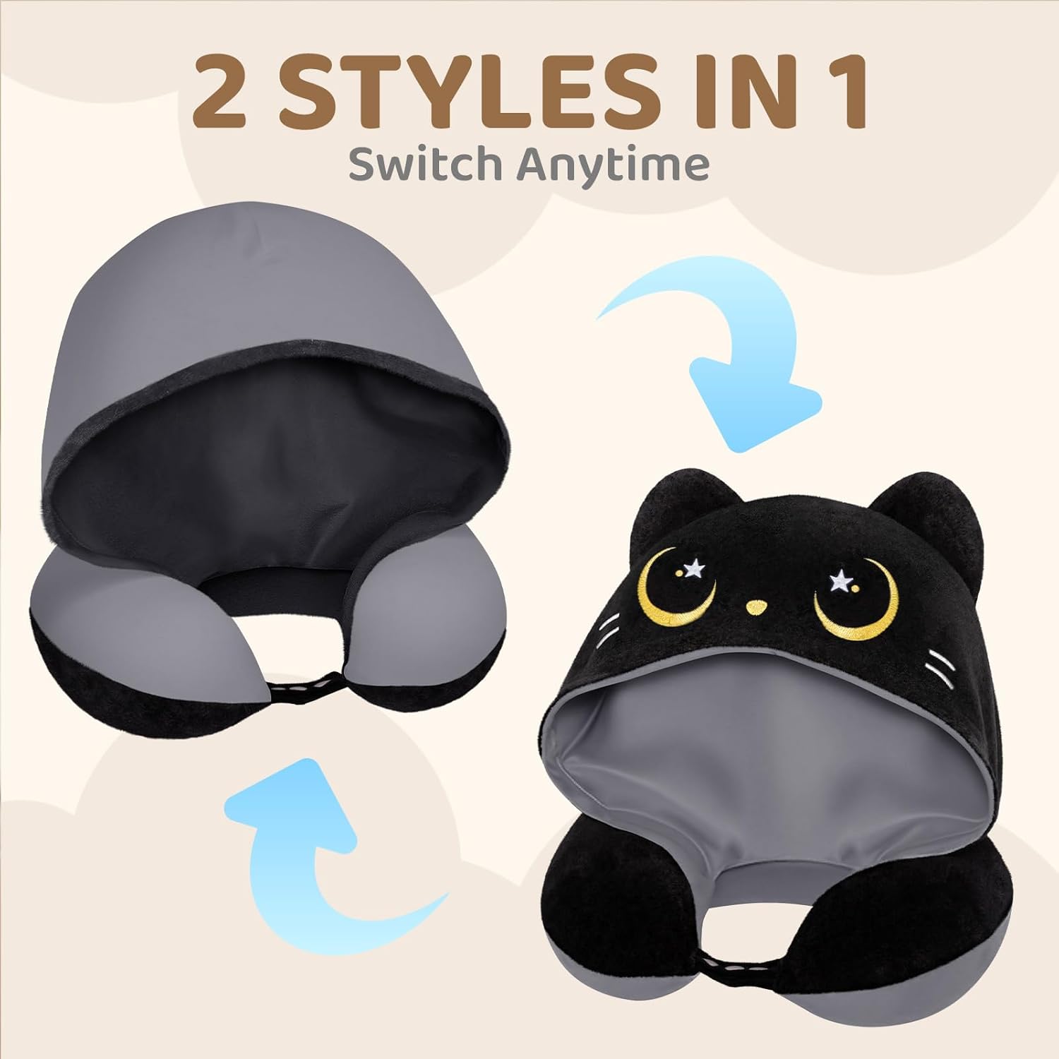 MeWaii® Black Cat Hooded Memory Foam Travel Pillow Cooling Double-Sided Neck Support for Flights & Everyday Comfort