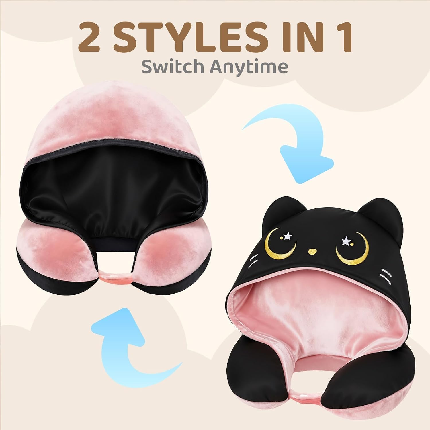 MeWaii® Pink Cat Hooded Memory Foam Travel Pillow Cooling Double-Sided Neck Support for Flights & Everyday Comfort