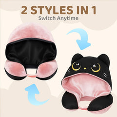 MeWaii® Pink Cat Hooded Memory Foam Travel Pillow Cooling Double-Sided Neck Support for Flights & Everyday Comfort