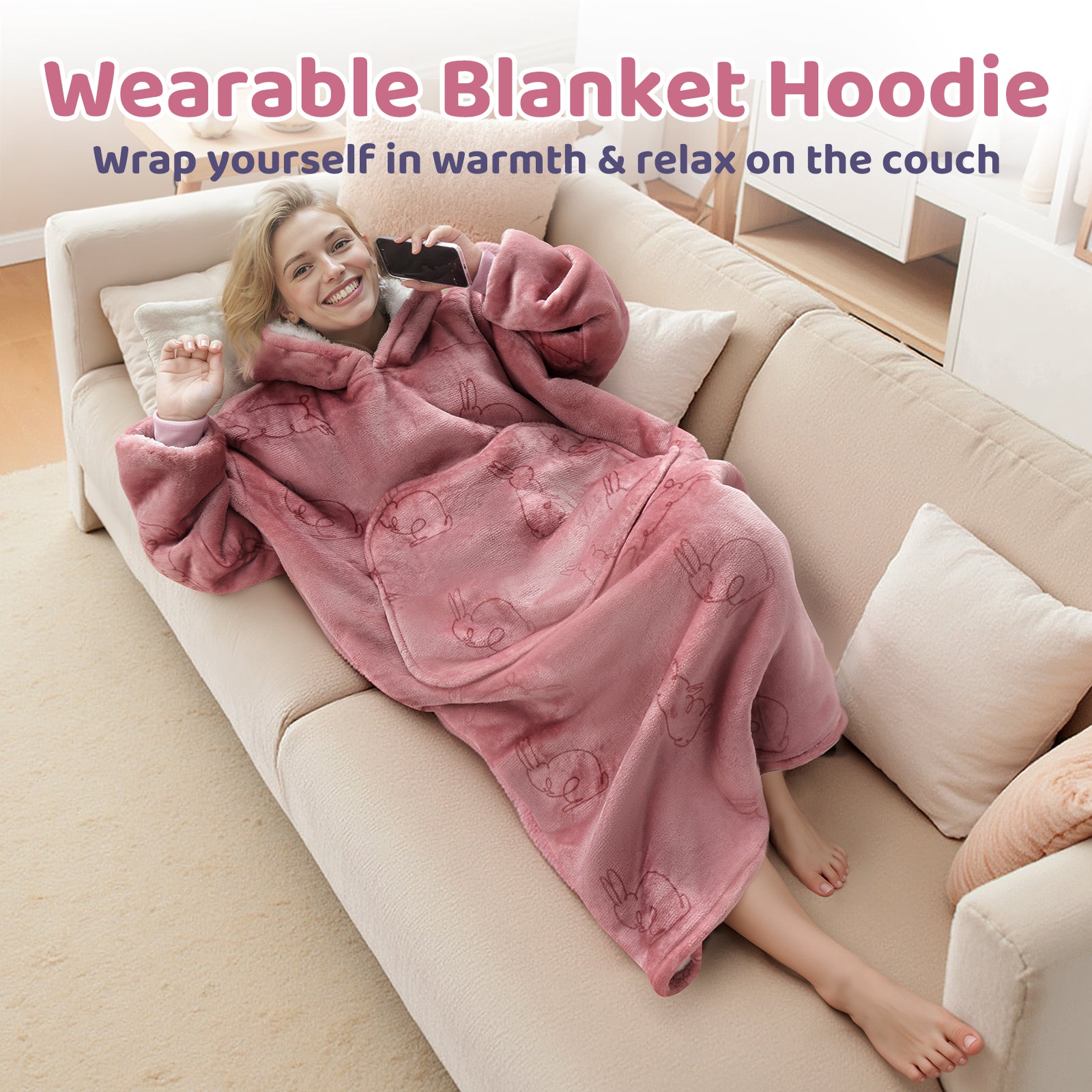MeWaii® Rabbit Pink Wearable Blanket Hoodie for Adults, Cozy Oversized Sherpa & Flannel Sweatshirt with Giant Pocket, Gifts for Women