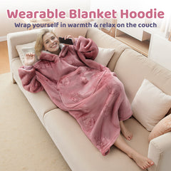 MeWaii® Rabbit Pink Wearable Blanket Hoodie for Adults, Cozy Oversized Sherpa & Flannel Sweatshirt with Giant Pocket, Gifts for Women