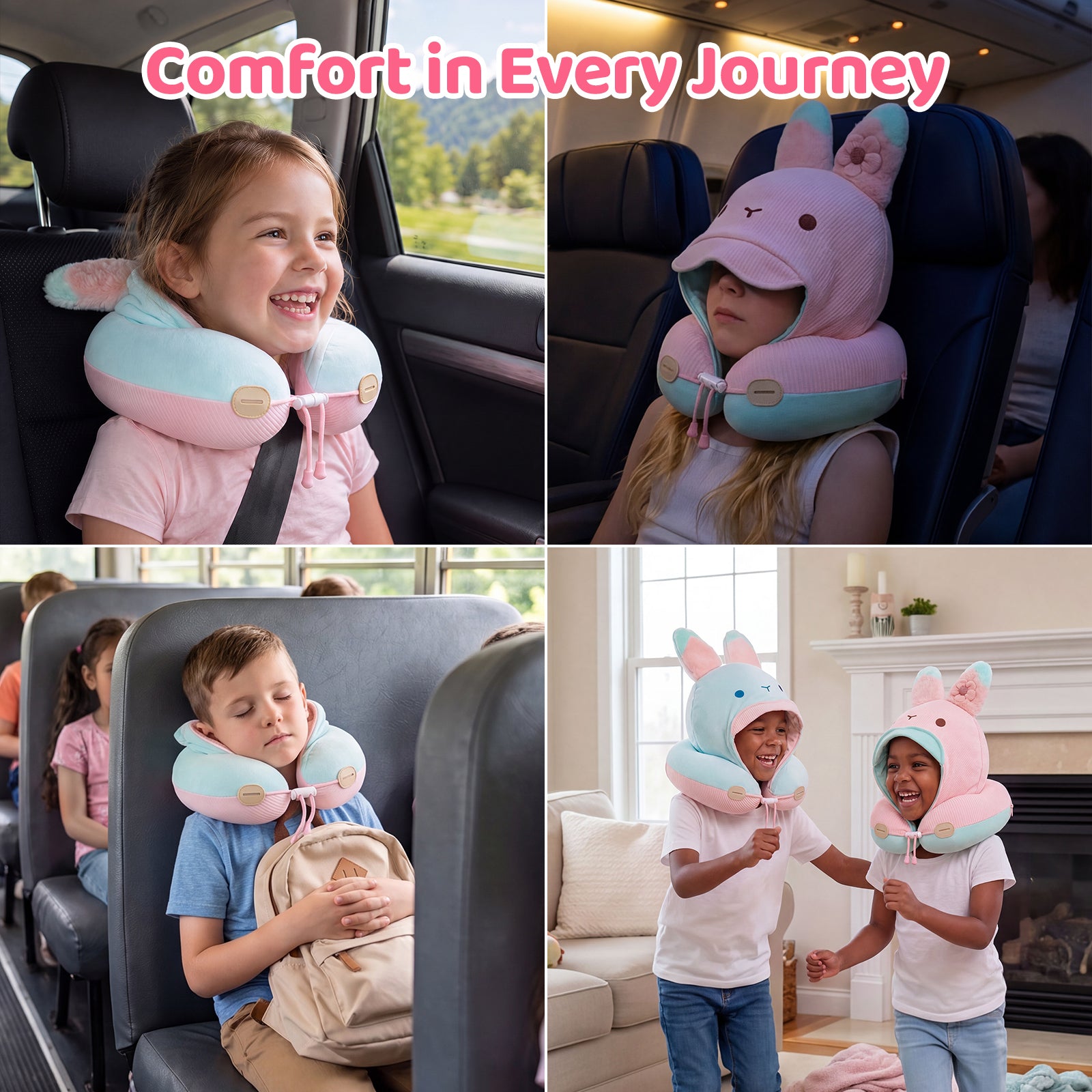 Mewaii® Rabbit Reversible Neck Pillow Double-Sided Kawaii Plush Travel Pillow Cute Bunny Pillow