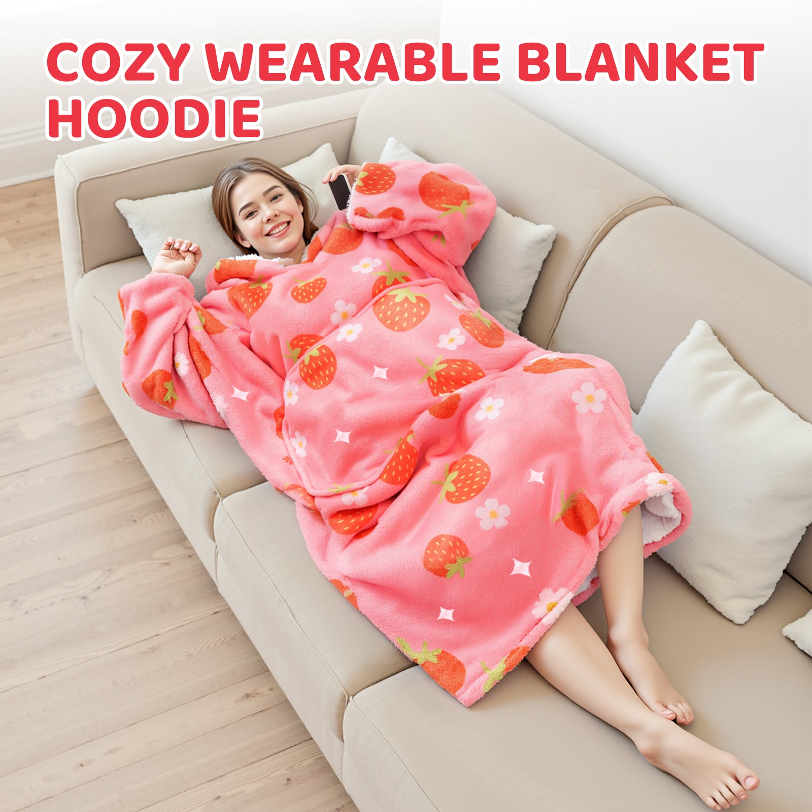 Mewaii® Strawberry Wearable Blanket Hoodie Ultra Soft Cozy Flannel Hoodie Blanket with Pockets