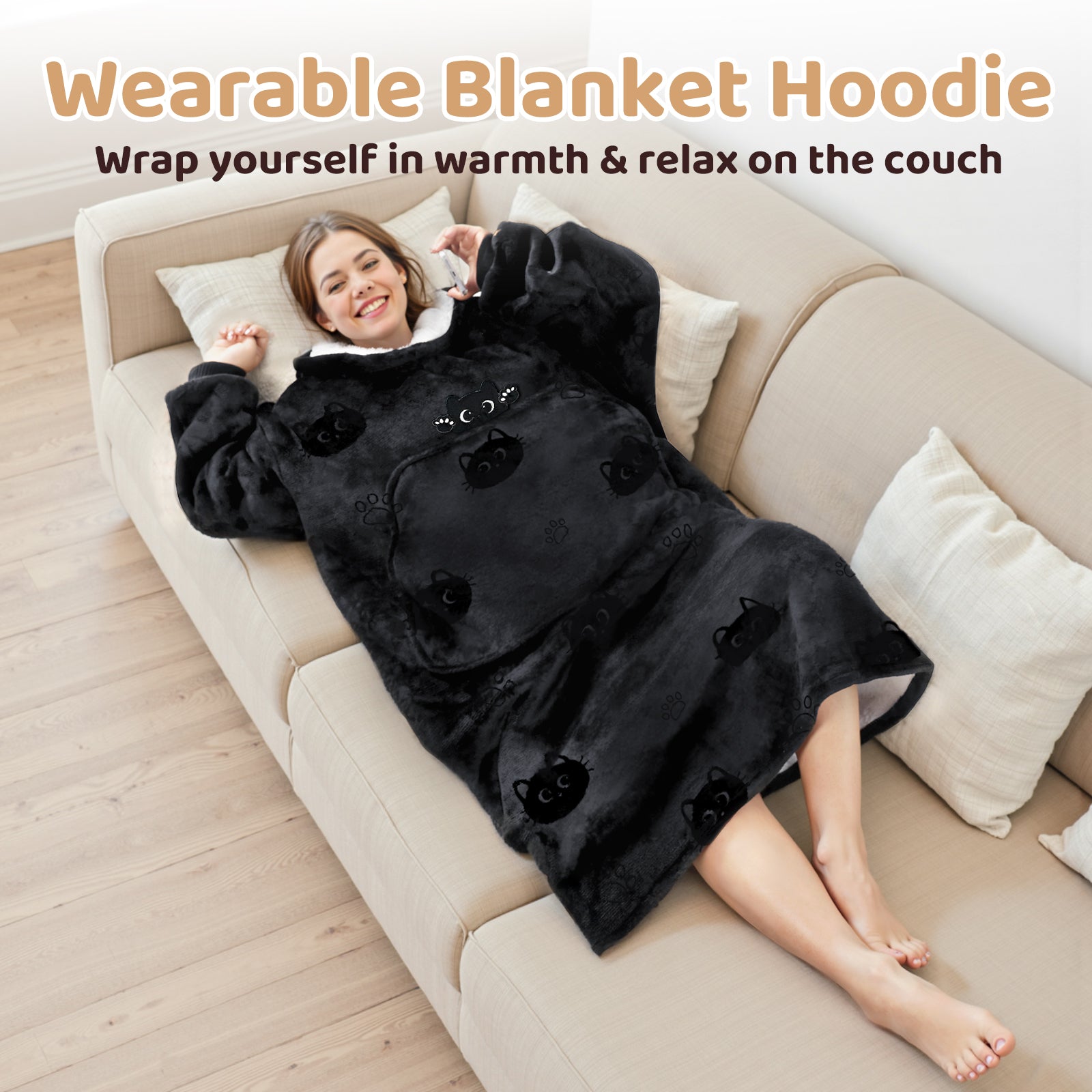 Mewaii® Wearable Blanket Hoodie Ultra Soft Cozy Flannel Hoodie Blanket with Pockets