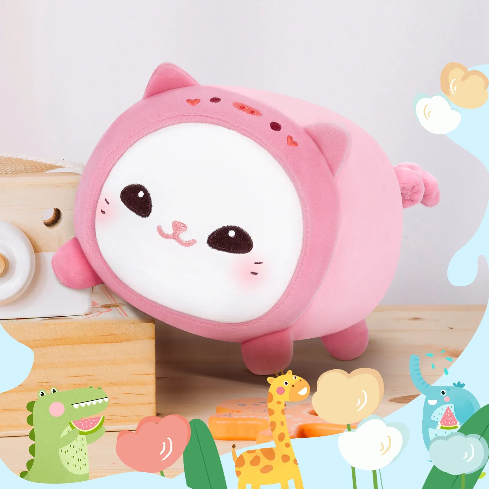 MeWaii® Fluffffy Family Pink Piggy Hood Cat Plush Stuffed Animal Kawaii Plush Pillow Squishy Toy
