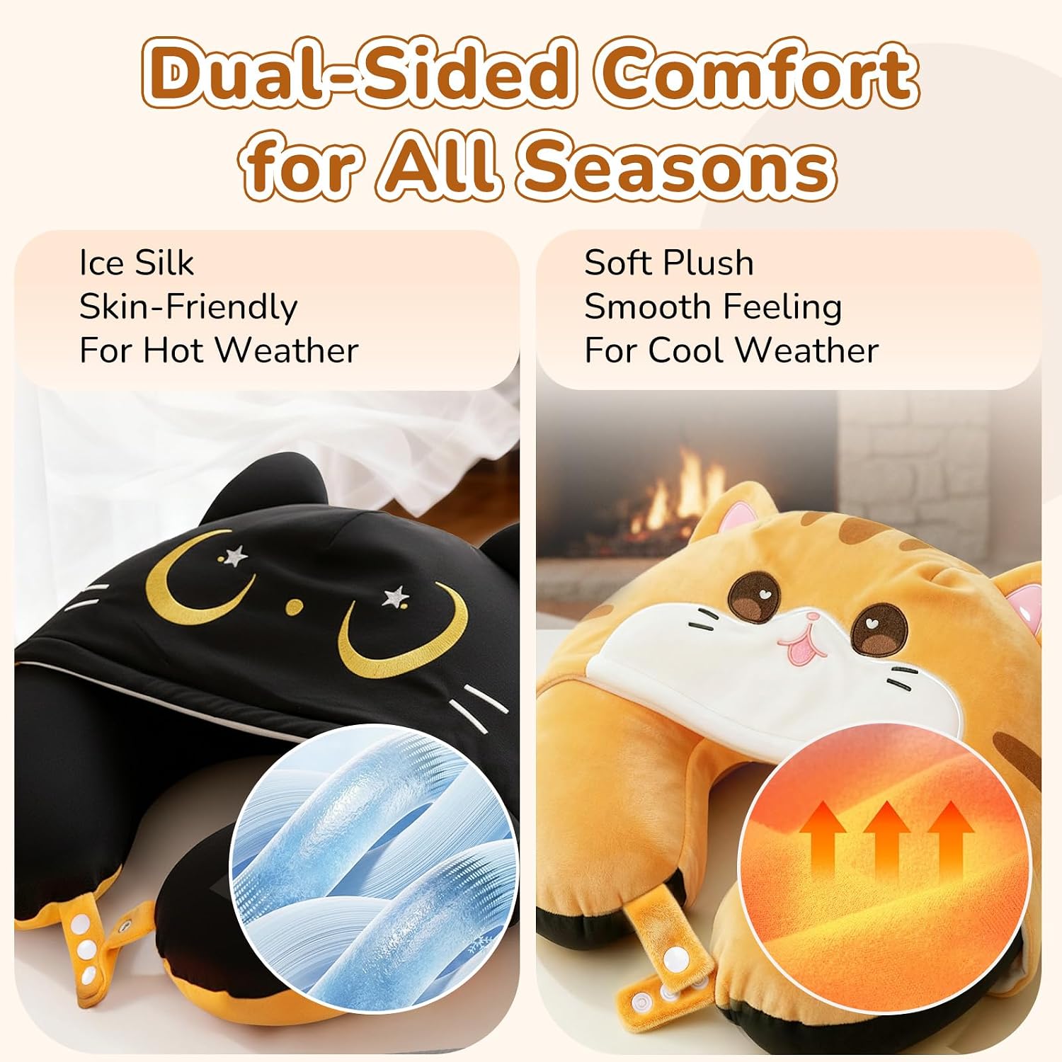 MeWaii® Orange Cat Hooded Memory Foam Travel Pillow Cooling Double-Sided Neck Support for Flights & Everyday Comfort