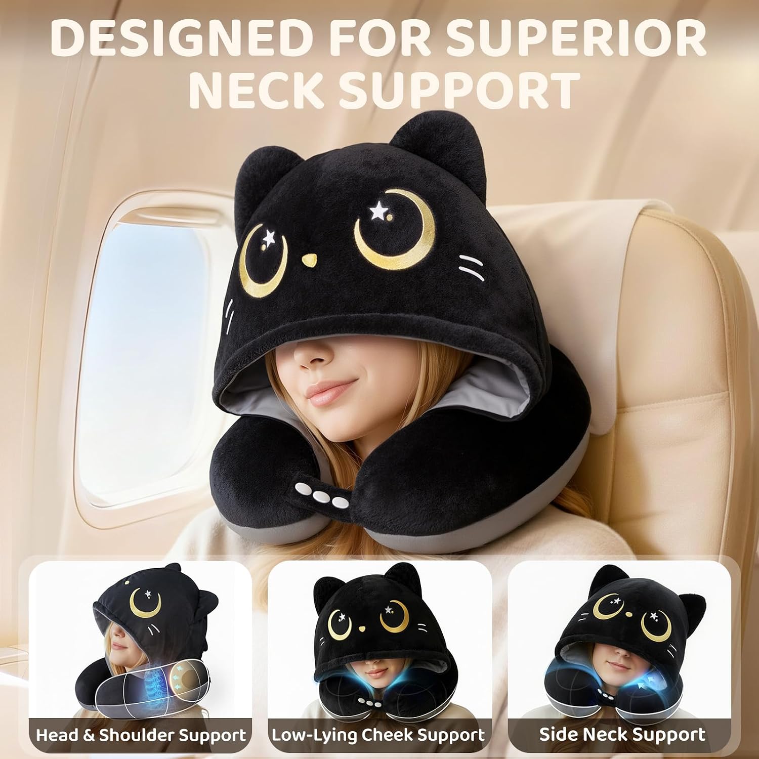 MeWaii® Black Cat Hooded Memory Foam Travel Pillow Cooling Double-Sided Neck Support for Flights & Everyday Comfort
