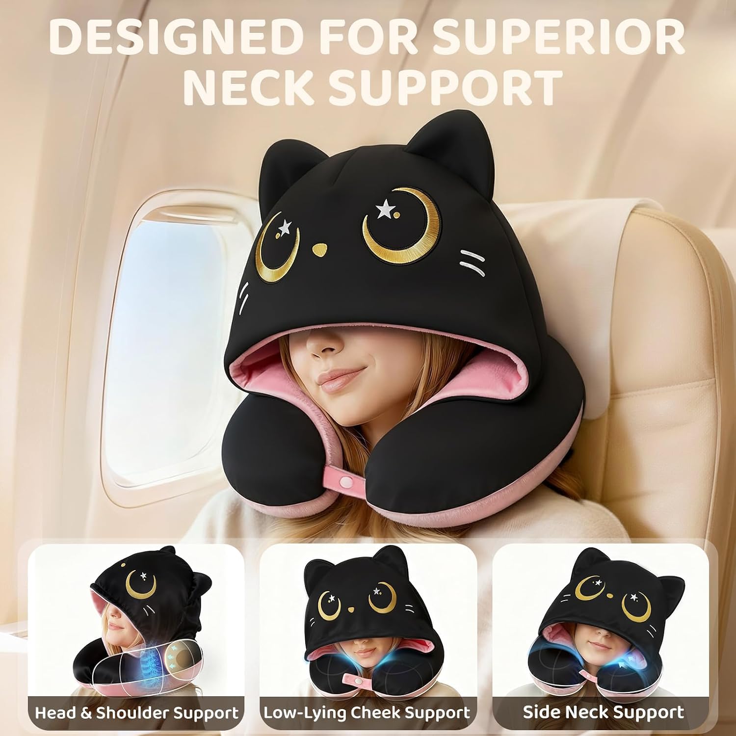 MeWaii® Pink Cat Hooded Memory Foam Travel Pillow Cooling Double-Sided Neck Support for Flights & Everyday Comfort