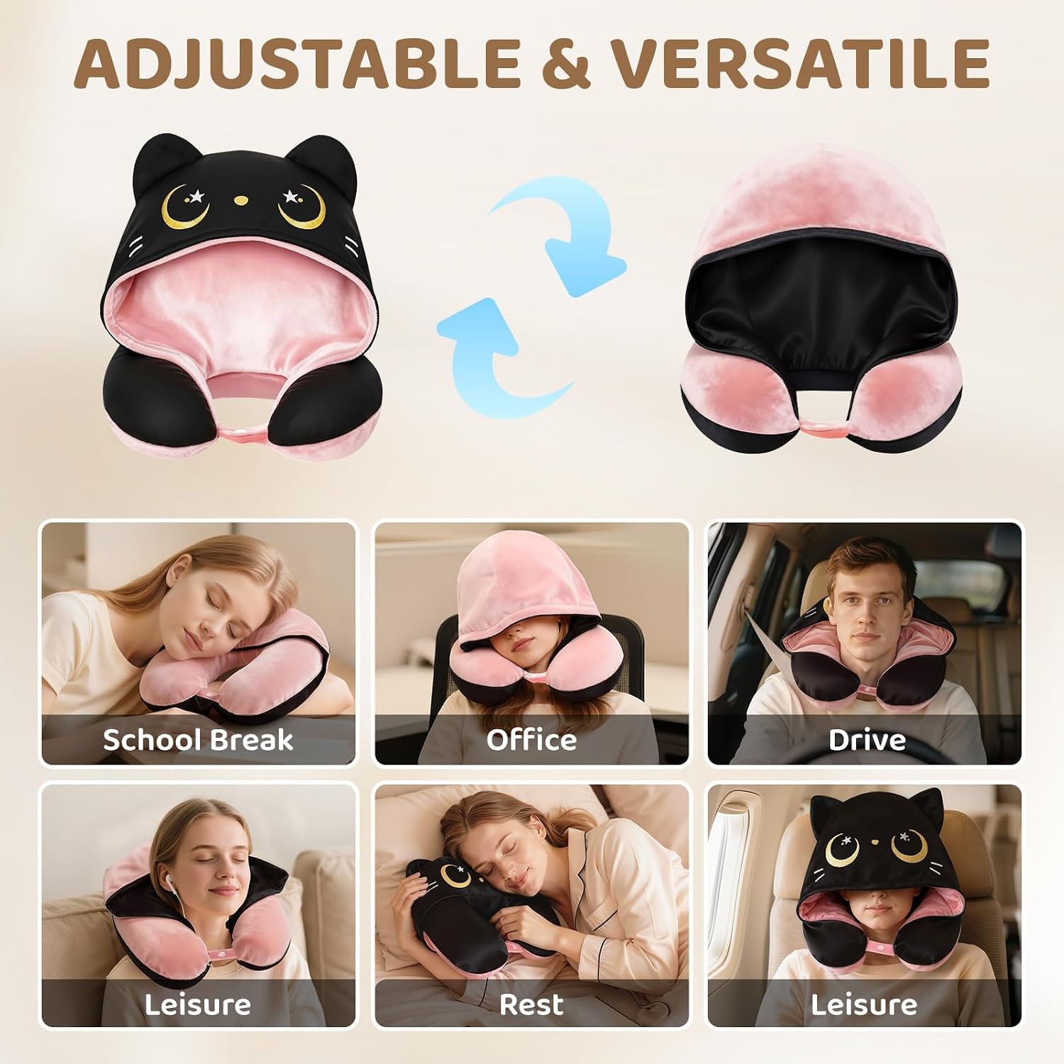 MeWaii® Pink Cat Hooded Memory Foam Travel Pillow Cooling Double-Sided Neck Support for Flights & Everyday Comfort