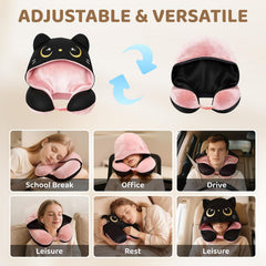 MeWaii® Pink Cat Hooded Memory Foam Travel Pillow Cooling Double-Sided Neck Support for Flights & Everyday Comfort