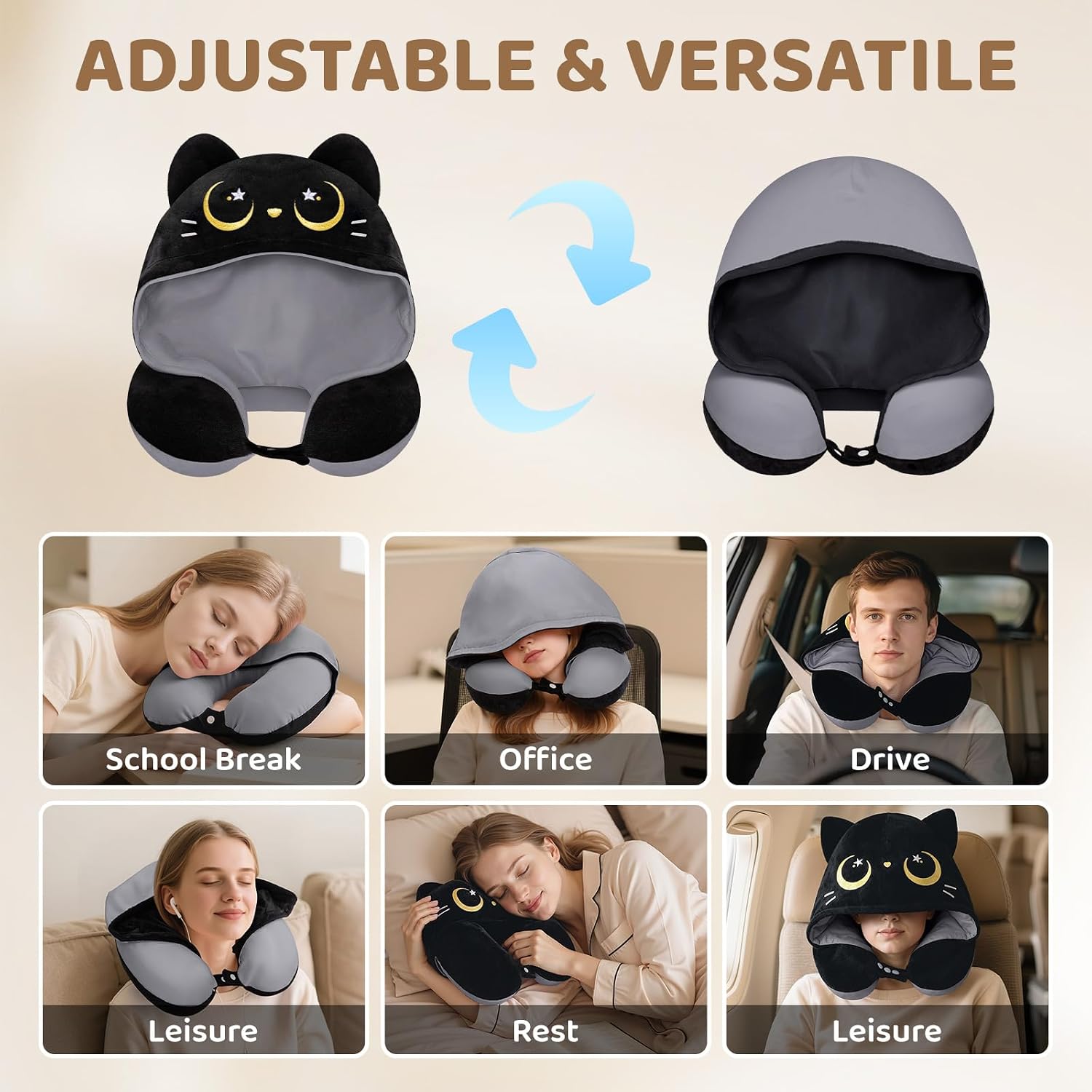 MeWaii® Black Cat Hooded Memory Foam Travel Pillow Cooling Double-Sided Neck Support for Flights & Everyday Comfort