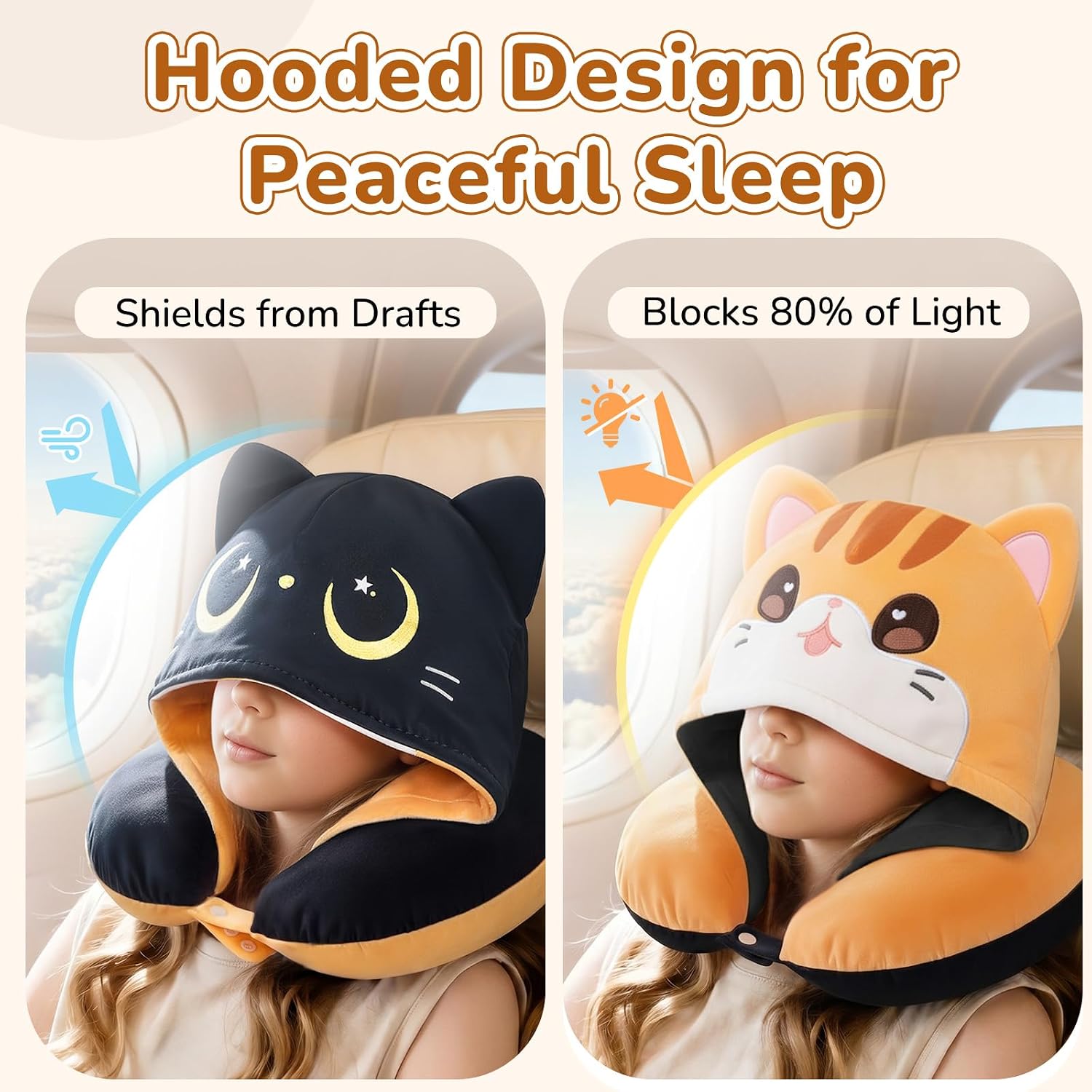 MeWaii® Orange Cat Hooded Memory Foam Travel Pillow Cooling Double-Sided Neck Support for Flights & Everyday Comfort