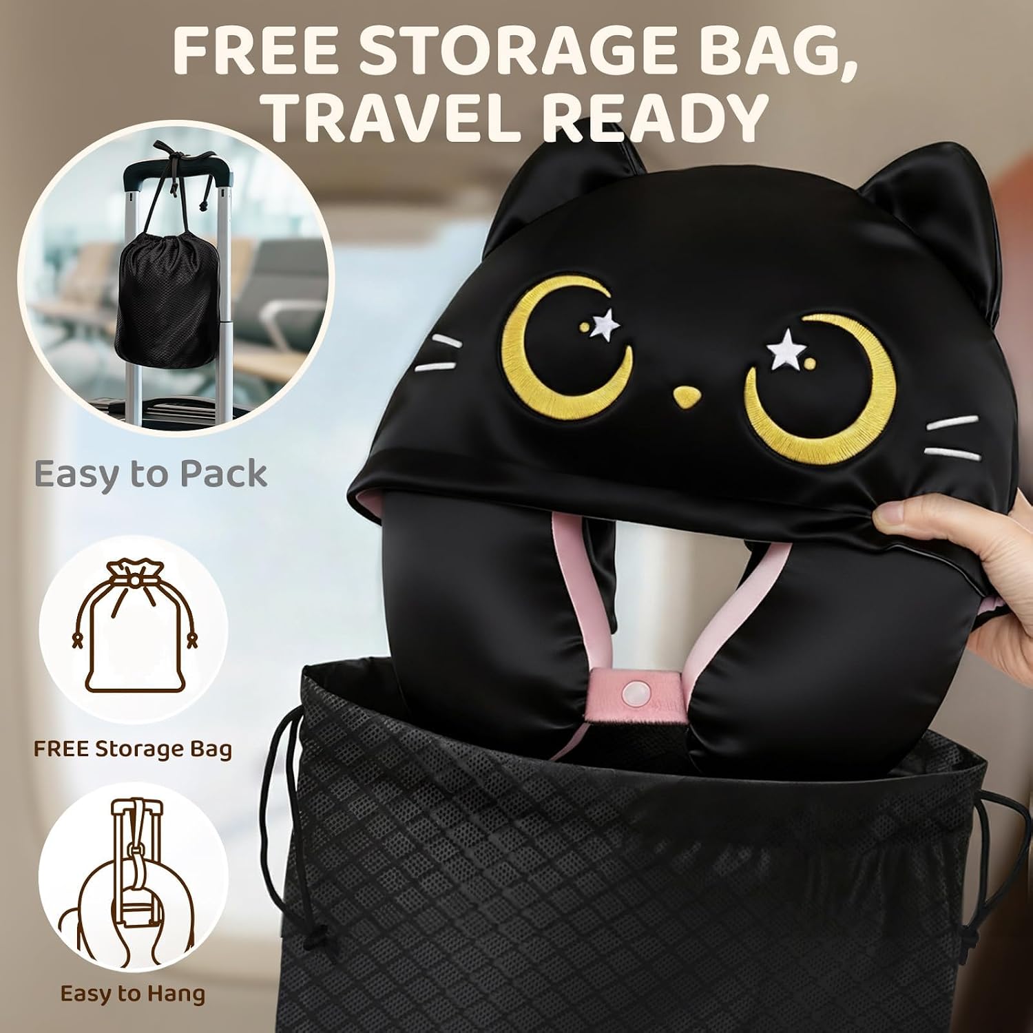 MeWaii® Pink Cat Hooded Memory Foam Travel Pillow Cooling Double-Sided Neck Support for Flights & Everyday Comfort