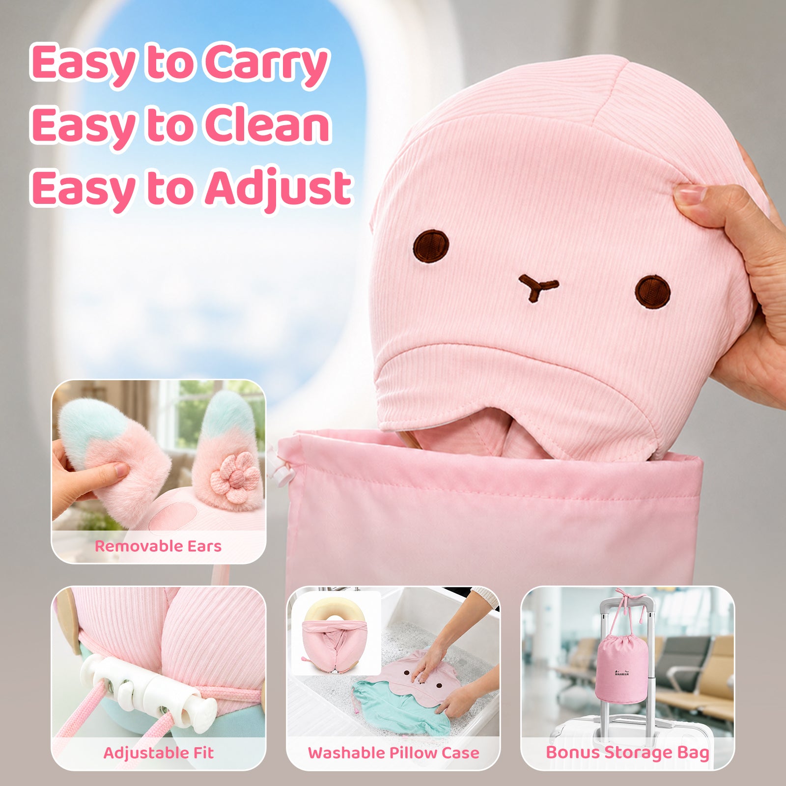 Mewaii® Rabbit Reversible Neck Pillow Double-Sided Kawaii Plush Travel Pillow Cute Bunny Pillow