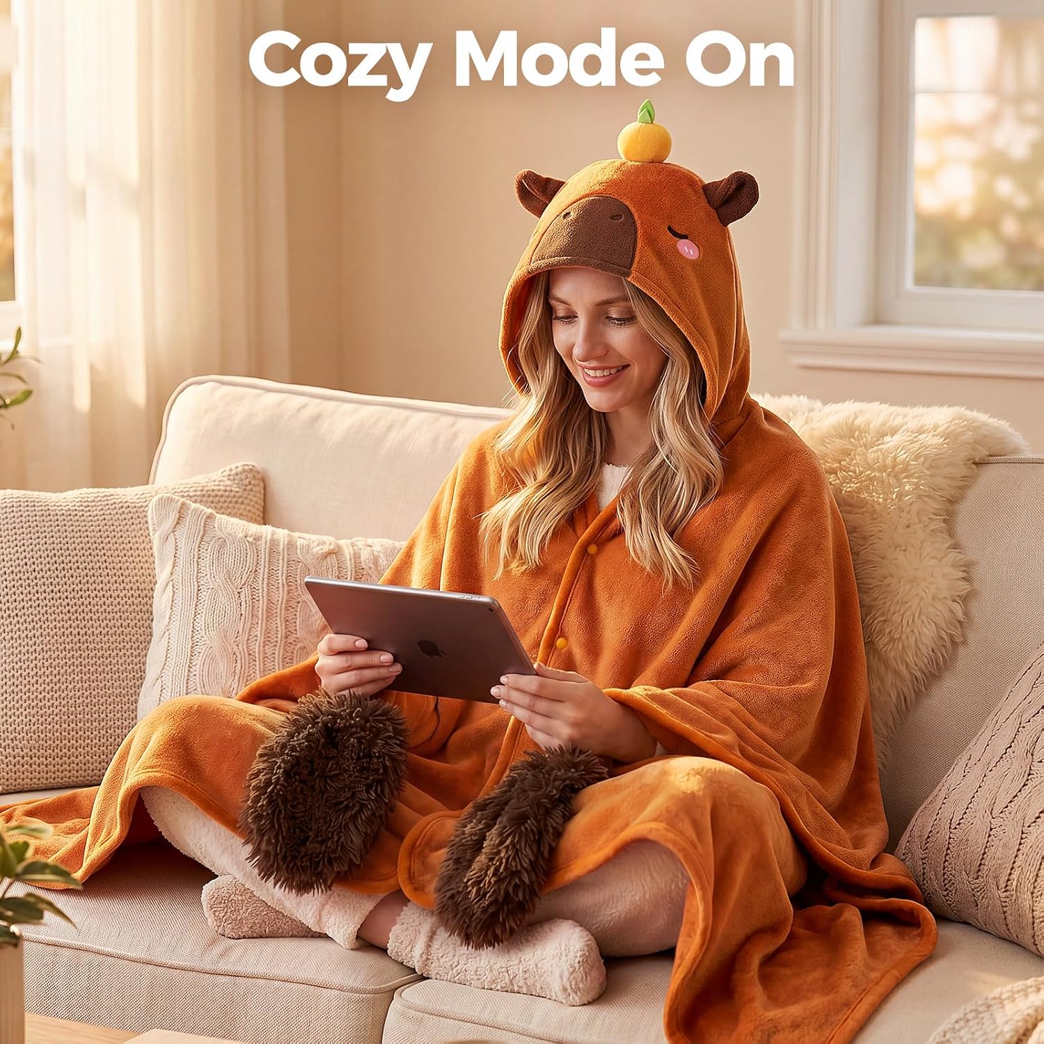 Mewaii® Capybara Wearable Blanket Hoodie Ultra Soft Oversized Cozy Blanket for Warm Hugs & Relaxing Moments