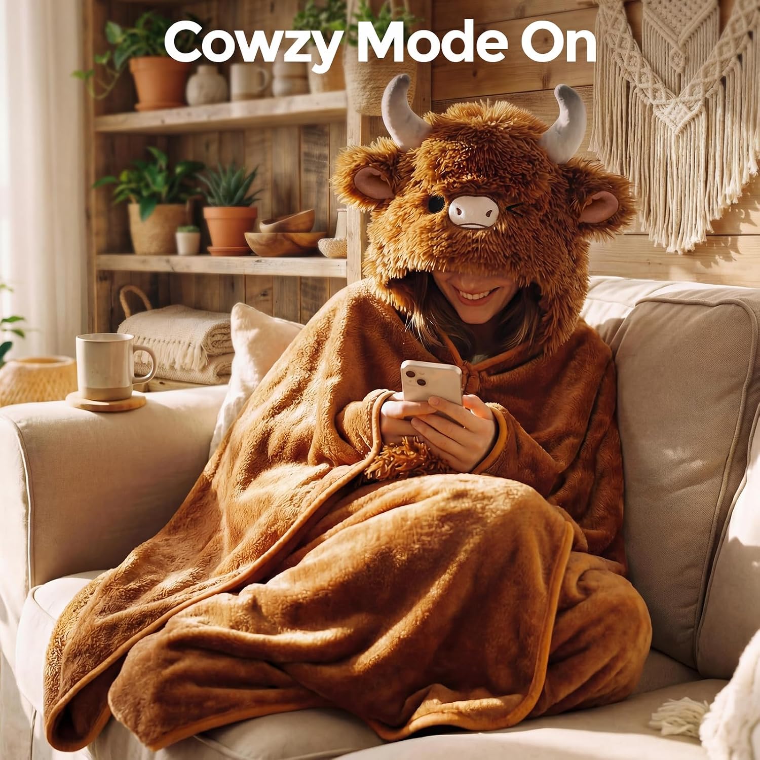 Mewaii® Highland Cow Wearable Blanket Hoodie Ultra Soft Oversized Cozy Blanket for Warm Hugs & Relaxing Moments