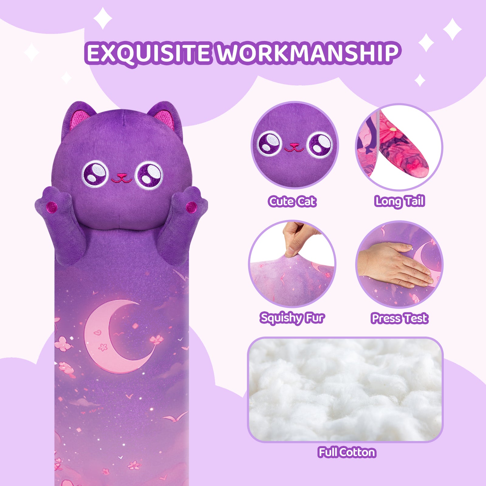 MeWaii® Loooong Family Original Design Purple Moon Cat Plush Long Stuffed Animal Kawaii Plush Pillow Squishy Toy