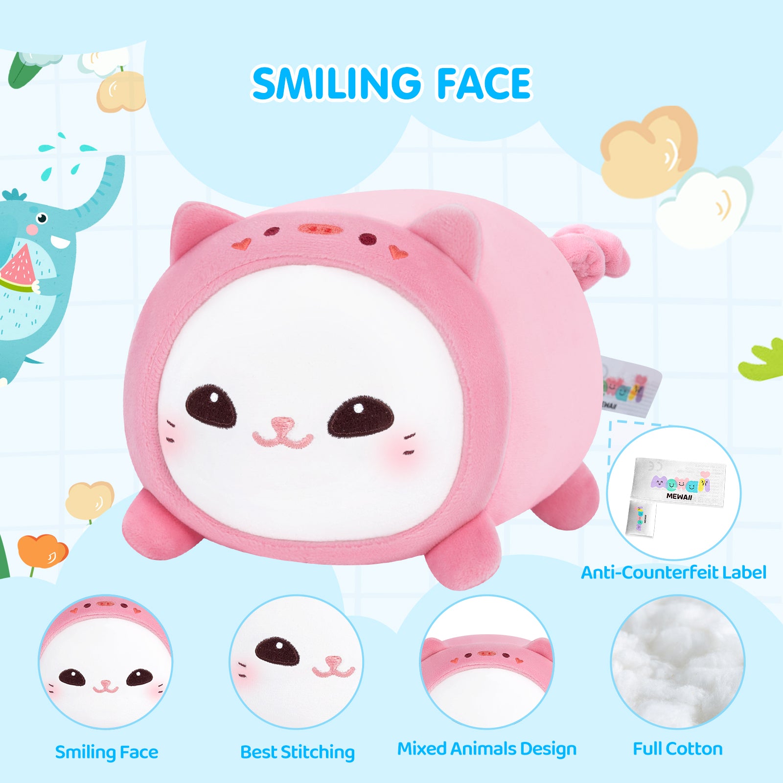 MeWaii® Fluffffy Family Pink Piggy Hood Cat Plush Stuffed Animal Kawaii Plush Pillow Squishy Toy