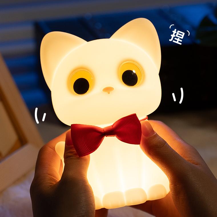 Squishy Silicone Bowtie Cat LED Night Light - Perfect Gift for Kids and Girls