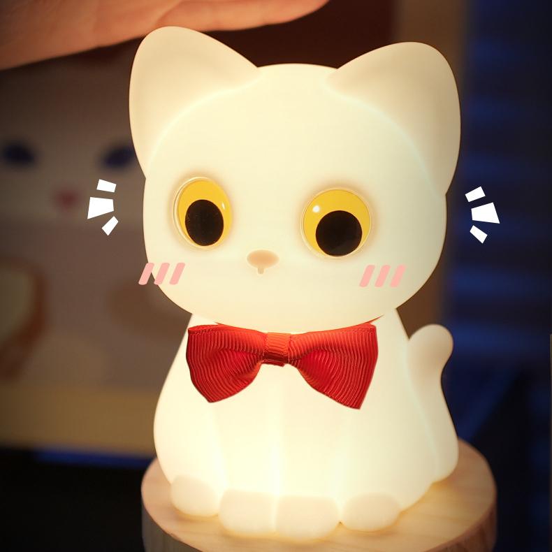 Squishy Silicone Bowtie Cat LED Night Light - Perfect Gift for Kids and Girls